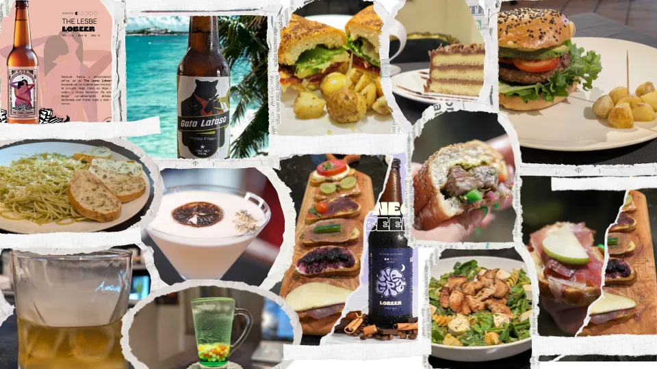Collage de platillos de Cafété: hamburguesas, pasta, ensaladas, botanas, postres, cervezas y bebidas