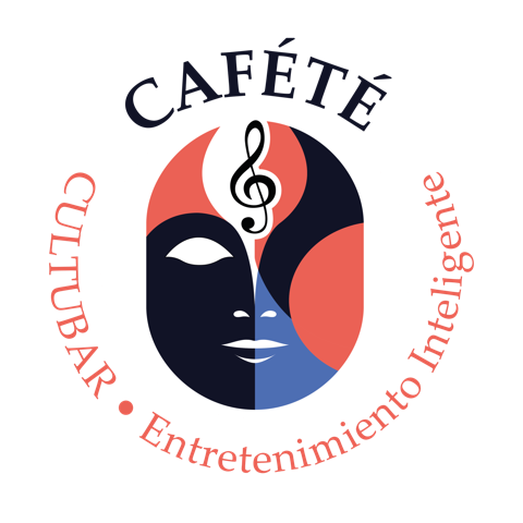 Logotipo de Cafété: una máscara teatral con una clave de sol y la leyenda Cultubar, entretenimiento inteligente